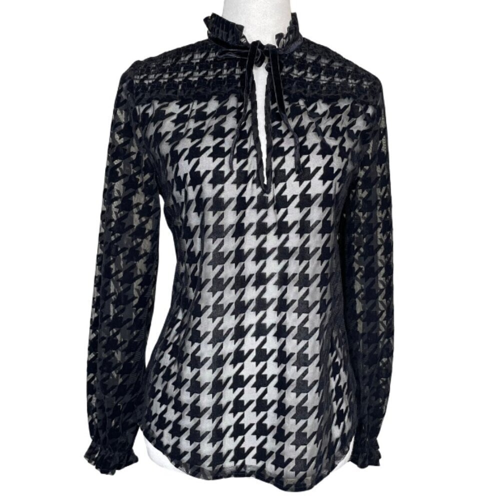 ZARA Goth Houndstooth Mesh Velvet Burnout Blouse Tie Neck Sheer Top Sz S - Picture 3 of 9